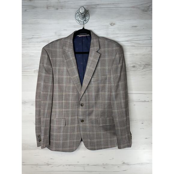 Tommy Hilfiger Blazer Mens 42S Brown Gray Plaid Two Button Sport Coat Stretch - Picture 1 of 11